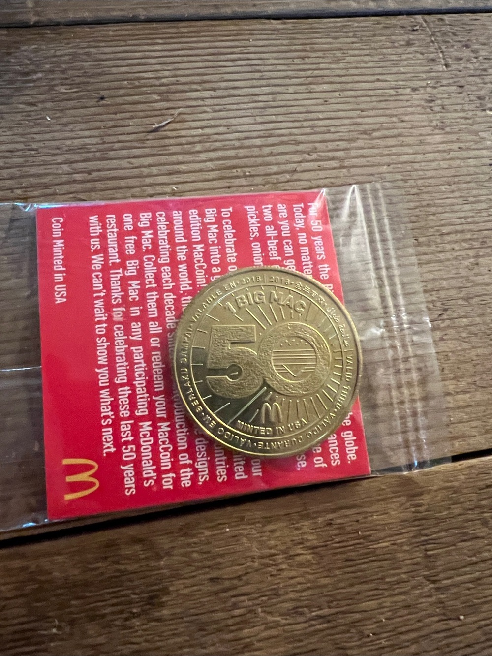 McDonald's Gold 50th Anniversary Commemorative Coin with Red Backing